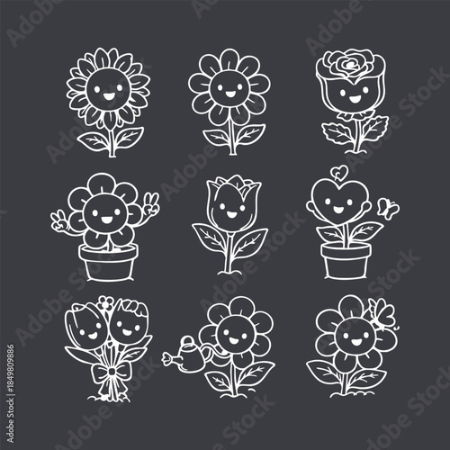 Adorable Hand-Drawn Smiling Flower Characters Collection