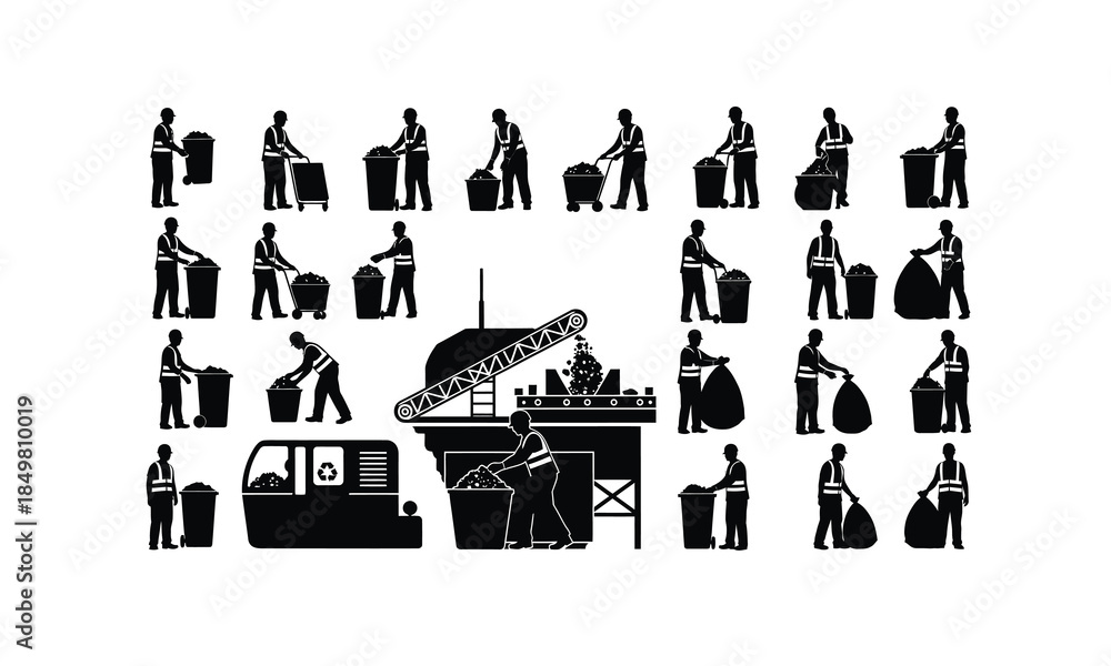 Obraz premium Set of waste management worker recycling poses silhouettes isolated on white background