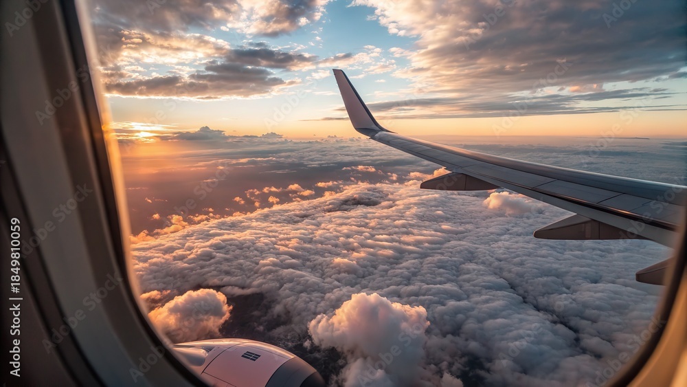 Fototapeta premium Airplane wing and clouds at sunset through airplane window