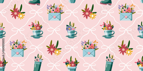 Spring floral seamless pattern with cute bouquets in cups, envelopes and rubber boots. Pastel garden illustration for wallpaper, fabric, wrapping paper, stationery and modern decorative backgrounds.