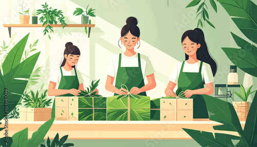 Flat Vector Illustration of Eco-Friendly Gift Wrapping Station Using Sustainable Materials for Green Packaging and Zero Waste