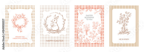 Vintage Easter greeting card collection with hand-drawn illustrations of rabbits, floral wreaths, religious cross, spring flowers, and decorative typography in soft pastel tones for holiday messages.