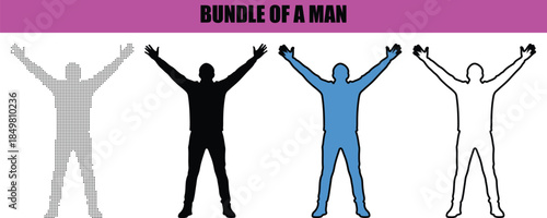 Joyful man with hands up vector illustration, silhouette line art with dotted details, modern minimalist design isolated on white background for success, motivation, and happiness