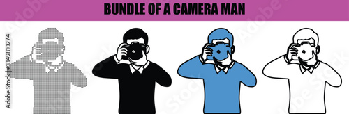 Cameraman vector illustration, silhouette line art with dotted details capturing photo, modern minimalist design isolated on white background for photography, media, and professional work