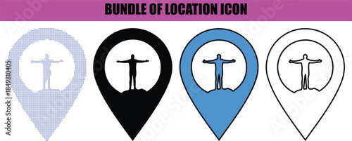 Location icon silhouette in minimalist line art and dotted vector style, black and white map pin symbol isolated on white background for navigation, travel, and digital design projects