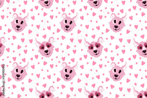 Seamless vector pattern of cute pink husky dog heads and hearts, featuring playful characters with heart sunglasses for Valentine's Day digital paper and fabric prints.