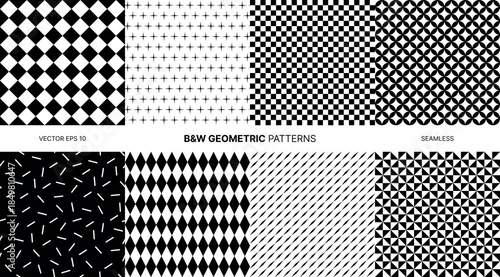 Seamless vector pattern collection with black and white geometric shapes, minimal monochrome abstract background, modern design for fabric, packaging, branding, wallpaper, fashion, bold contrast style