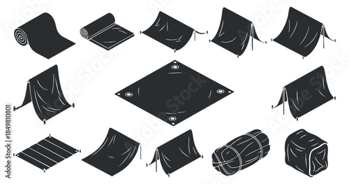 A set of camping tarps and covers in black minimalist vector style, ideal for outdoor gear illustrations