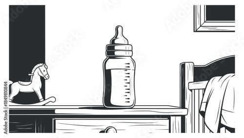 A baby bottle on a wooden table with a toy horse and a chair in black and white minimalist vector style, suitable for nursery decor