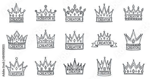 A collection of crown icons with the word 'CREATOR' in minimalist outline vector style, ideal for branding and creative projects