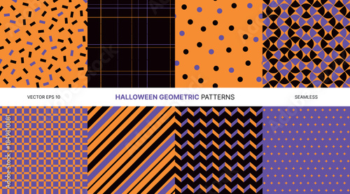 Seamless vector pattern set with orange purple black geometric Halloween party decoration, spooky background, wrapping paper, textile, abstract modern surface texture for holiday creative design