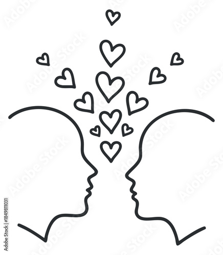 A romantic illustration of two faces in profile with hearts floating above in minimalist vector outline style, perfect for love and relationship themes