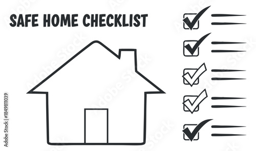 A safe home checklist illustration featuring a house outline and check marks in minimalist black and white vector style, ideal for home safety planning and organization