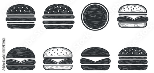 A collection of hand-drawn burger illustrations in black and white sketch style, suitable for food menu design and branding
