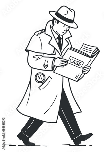 A detective character in a stylish suit and hat walking with a case file in black and white illustration style, ideal for mystery themes and storytelling