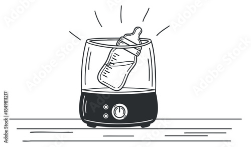 A baby bottle warmer in minimalist black and white outline vector style, perfect for childcare and parenting designs