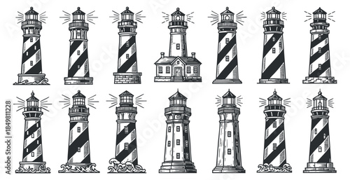 A collection of 15 unique lighthouse designs in black and white vector style, ideal for maritime-themed projects and illustrations