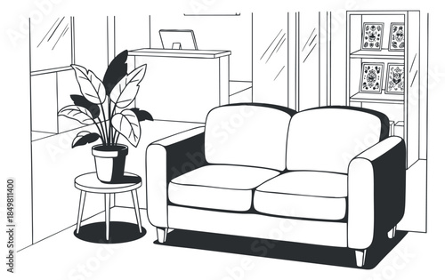 A cozy living room scene featuring a comfortable sofa and a potted plant in minimalist black and white vector style, ideal for interior design projects