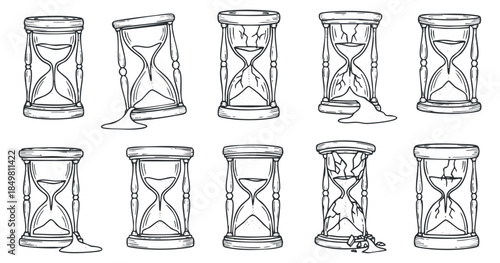 A collection of hourglass illustrations in outline style, depicting the flow of sand and time, suitable for time management projects