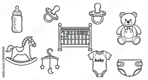 A collection of baby-themed items including a rocking horse, pacifiers, a crib, and a teddy bear in outline vector style, perfect for nursery decor and baby shower invitations
