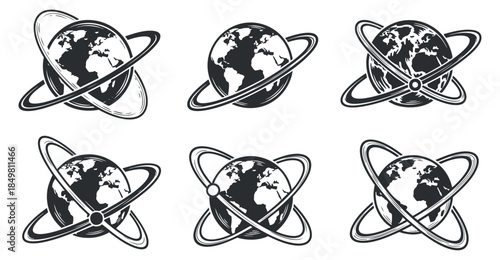 A collection of five Earth illustrations with different orbital rings in black and white geometric vector style, suitable for educational and scientific projects