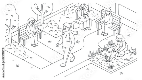 A community park scene featuring people walking, sitting on benches, and gardening in a clean line art vector style, suitable for wellness and leisure themes