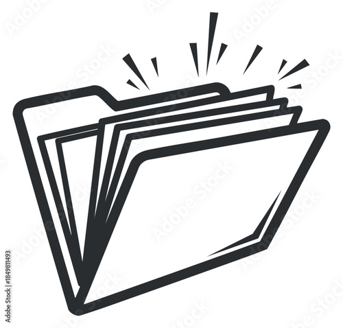 An open folder with multiple documents emerging in black and white outline vector style, ideal for office and business applications