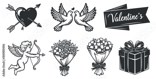 A collection of Valentine's Day themed illustrations featuring doves, cupid, roses, and gifts in black and white vector style, perfect for romantic designs and decorations