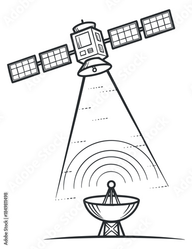 A satellite transmitting signals to a ground dish receiver in a modern outline vector style, suitable for technology and telecommunications projects