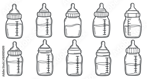 A collection of baby bottles in outline vector style, suitable for parenting and baby product designs