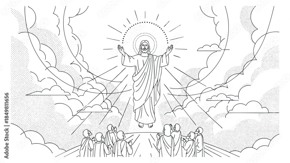 Obraz premium An outline illustration of Jesus Christ in a radiant pose with clouds and light rays, minimalist vector style, perfect for religious themes and spiritual art