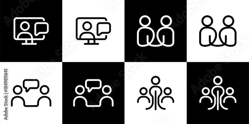 Vector Set of 4 Black and Whites Line Icons for Online Communication, Teamwork, and Social Networking