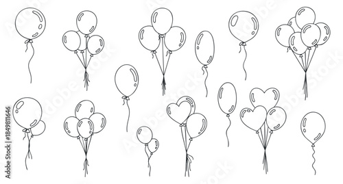 A collection of various balloons including heart-shaped and regular balloons in black outline vector style, ideal for party invitations or event decorations