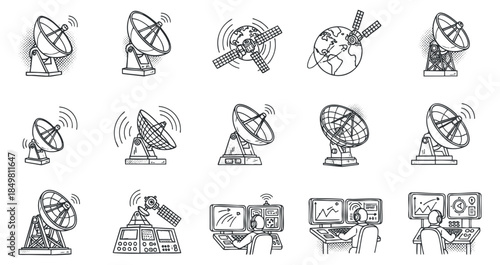 A collection of satellite and communication icons in black and white outline vector style, suitable for technology and networking projects