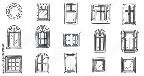 A collection of various window designs in outline vector style, suitable for architectural projects and home decor illustrations