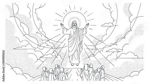 An outline illustration of Jesus Christ in a radiant pose with clouds and light rays, minimalist vector style, perfect for religious themes and spiritual art