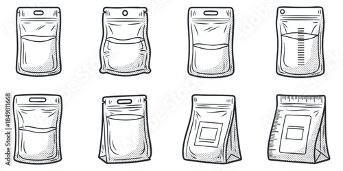A collection of various packaging pouches and bags in detailed black and white outline vector style, ideal for product design and branding