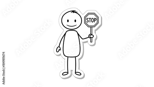 Simple Stick Figure Holding a Stop Sign Illustration.
