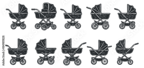 A collection of baby strollers and carriages in black and white outline vector style, perfect for parenting and childcare designs