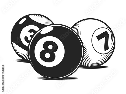 Billiard logo design concept vector icon featuring a professional pool ball and cue for sports mobile apps, gaming website interfaces, and recreational club brand identity.