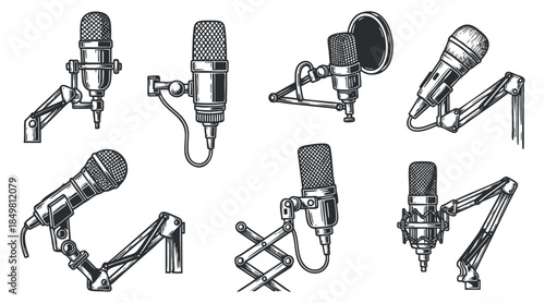 A set of vintage and modern microphones in black and white outline vector style, suitable for music and podcast designs