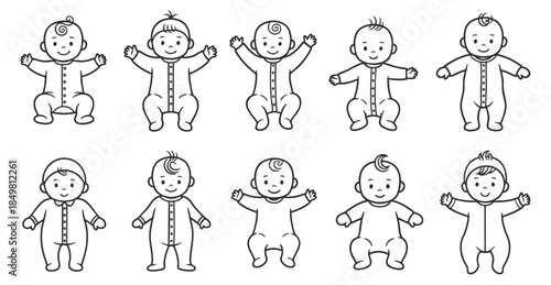 A collection of cute baby characters in black and white outline vector style, ideal for children's products and nursery decor