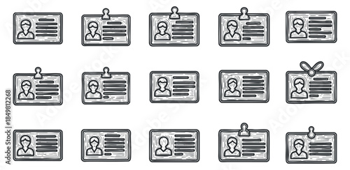 A collection of identity cards and badges in black and white outline vector style, suitable for security and identification purposes