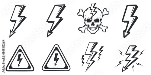 A collection of lightning bolt and danger symbols including a skull in black and white vector style, ideal for warning graphics and designs