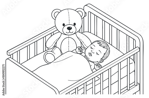 A baby sleeping peacefully in a crib with a teddy bear in outline vector style, perfect for children's products or nursery designs