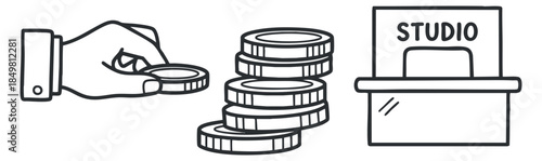 A hand holding a coin next to a stack of coins and a studio sign in black and white outline vector style, suitable for financial and business concepts