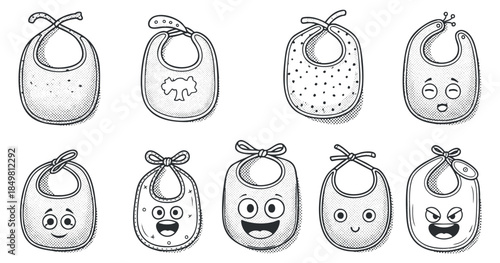 A collection of playful baby bibs with cute faces in black and white outline vector style, perfect for children's apparel design