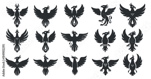 A collection of stylized phoenix illustrations in black silhouette vector style, ideal for fantasy-themed designs and logos