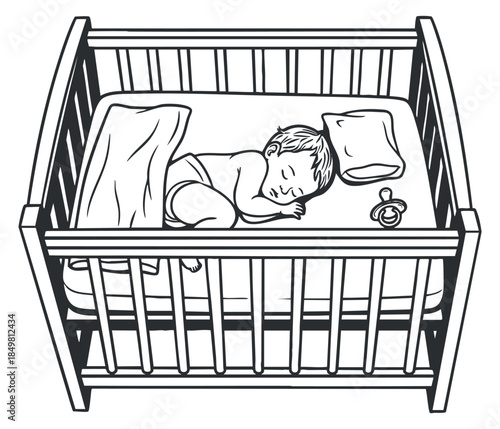 A sleeping baby in a crib with a blanket and pacifier in black and white outline vector style, ideal for nursery decor and parenting themes