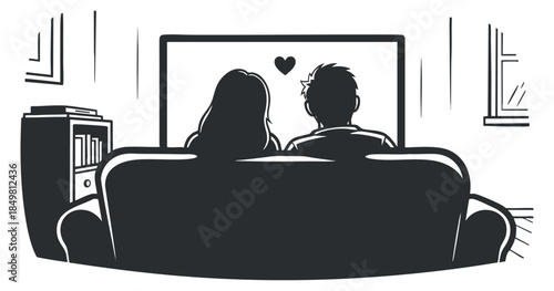 A couple sitting on a couch watching television in black and white minimalist vector style, ideal for home entertainment themes